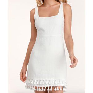 white square neck linen mini dress